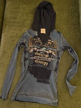 Skinny Minnie Blue Hooded Ribbed Graphic Long Sleeve Top
